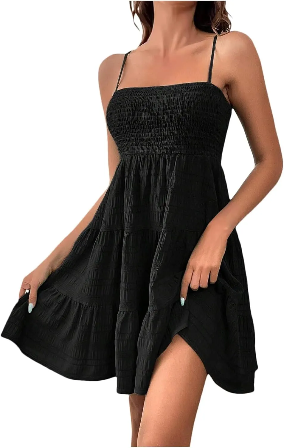 Sundress for Women Cute Spaghetti Strap Smocked Tiered Holiday Casual Summer Boho Flowy Swing Beach A-Line Mini Dress