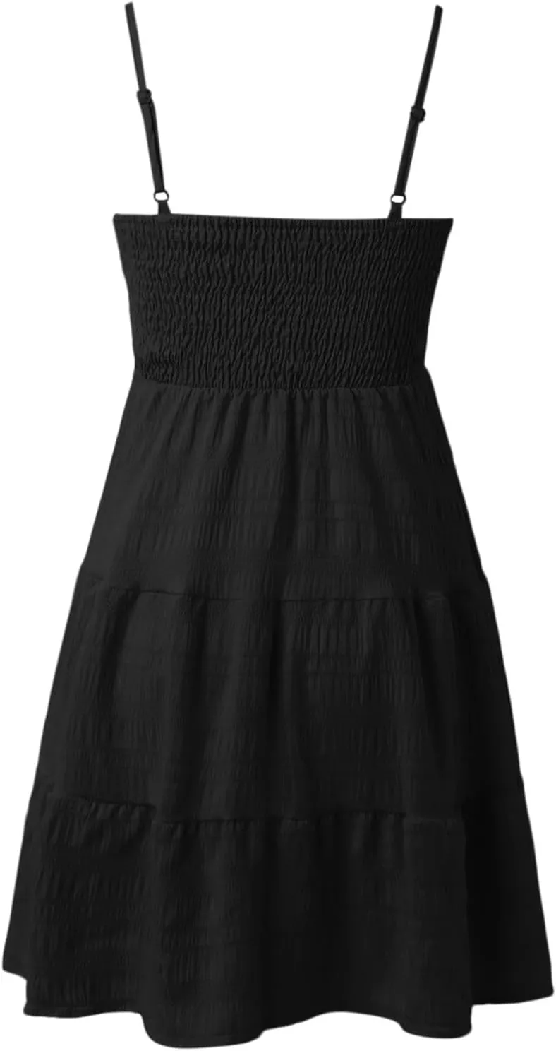 Sundress for Women Cute Spaghetti Strap Smocked Tiered Holiday Casual Summer Boho Flowy Swing Beach A-Line Mini Dress