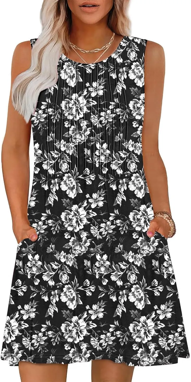 Sundresses for Women Casual Sleeveless Floral Ruched Front Dresses A-Line Beach Festival Dress with Pockets