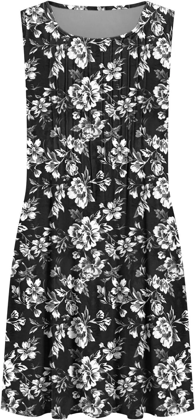 Sundresses for Women Casual Sleeveless Floral Ruched Front Dresses A-Line Beach Festival Dress with Pockets