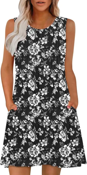 Sundresses for Women Casual Sleeveless Floral Ruched Front Dresses A-Line Beach Festival Dress with Pockets