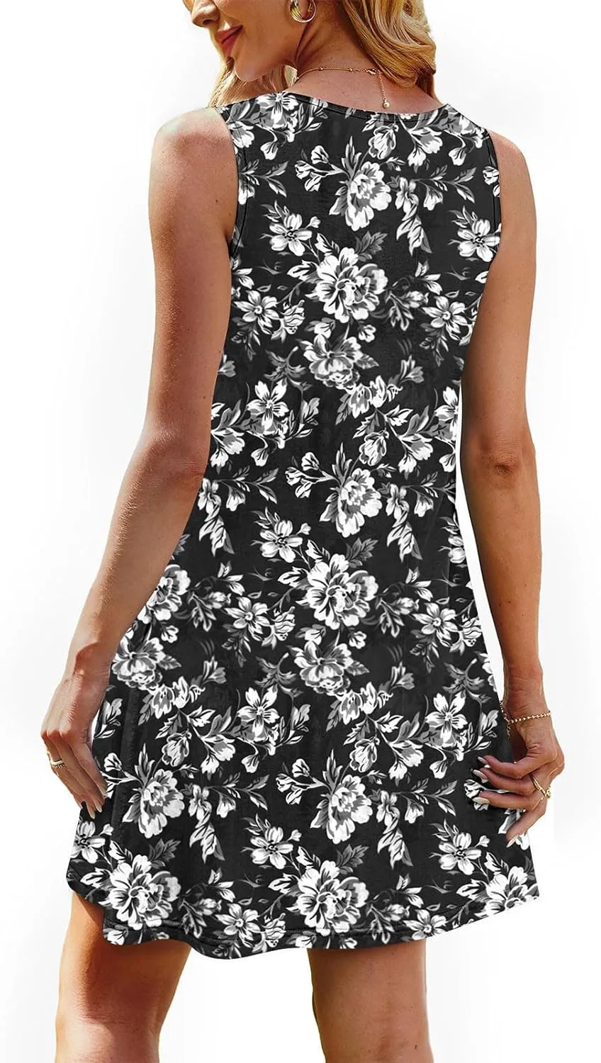 Sundresses for Women Casual Sleeveless Floral Ruched Front Dresses A-Line Beach Festival Dress with Pockets