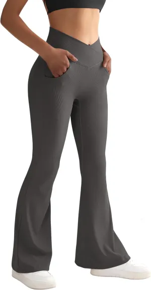 SUUKSESS Women Ribbed Crossover Flare Leggings V Back Yoga Pants with Pockets