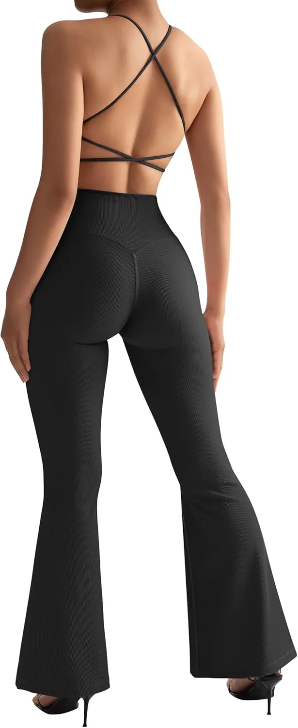 SUUKSESS Women Ribbed Crossover Flare Leggings V Back Yoga Pants with Pockets