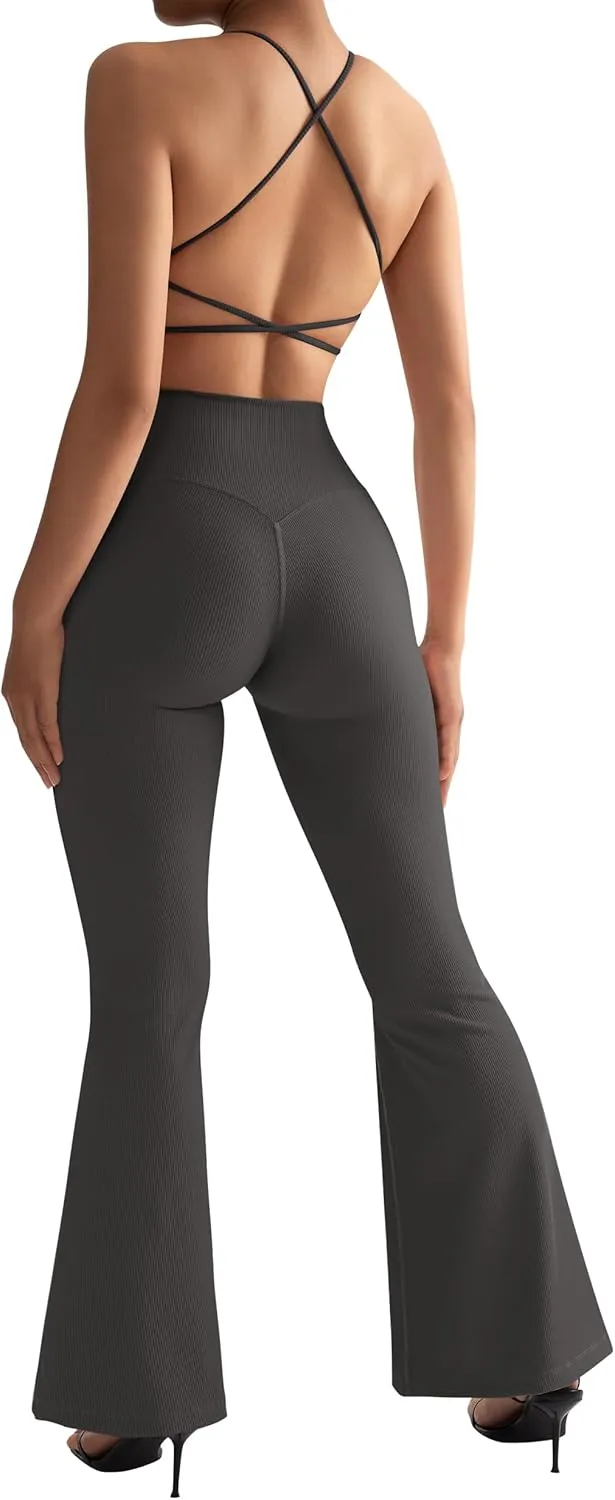SUUKSESS Women Ribbed Crossover Flare Leggings V Back Yoga Pants with Pockets