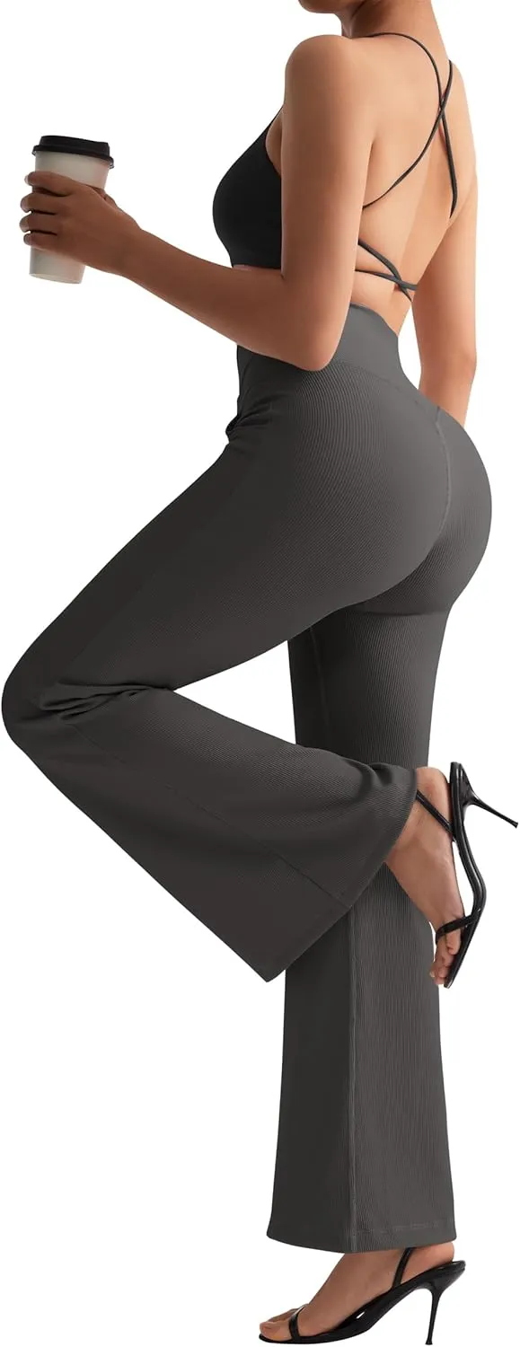 SUUKSESS Women Ribbed Crossover Flare Leggings V Back Yoga Pants with Pockets
