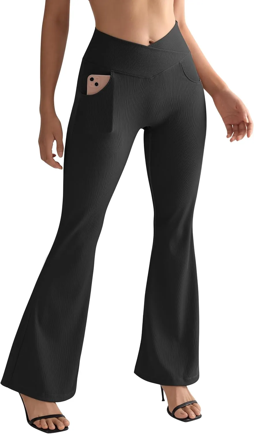 SUUKSESS Women Ribbed Crossover Flare Leggings V Back Yoga Pants with Pockets