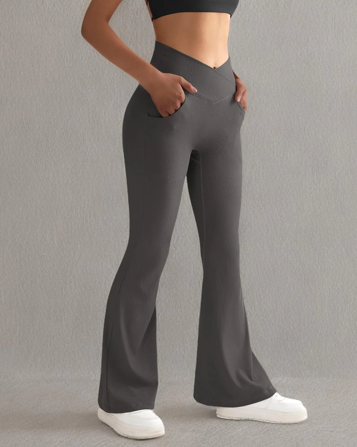 SUUKSESS Women Ribbed Crossover Flare Leggings V Back Yoga Pants with Pockets