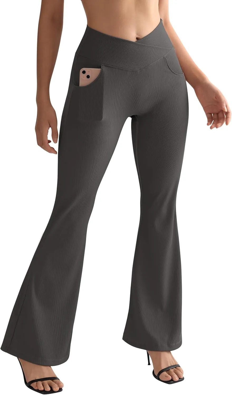 SUUKSESS Women Ribbed Crossover Flare Leggings V Back Yoga Pants with Pockets