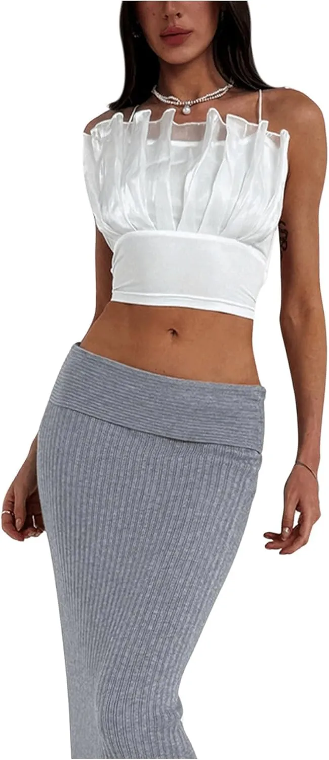 SweatyRocks Women's Lace Up Backless Cami Top Pleated Sleeveless Spaghetti Strap Crop Camisole