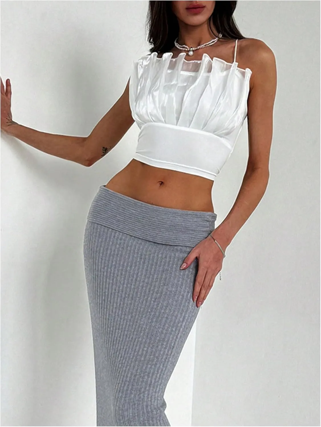 SweatyRocks Women's Lace Up Backless Cami Top Pleated Sleeveless Spaghetti Strap Crop Camisole