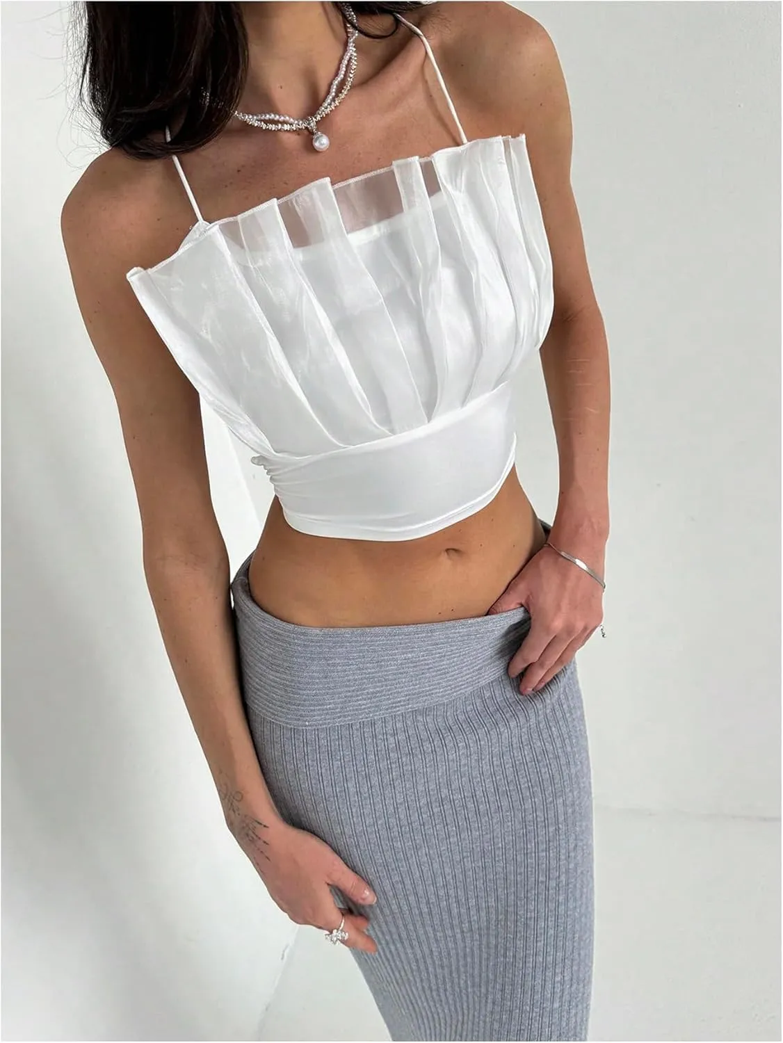 SweatyRocks Women's Lace Up Backless Cami Top Pleated Sleeveless Spaghetti Strap Crop Camisole