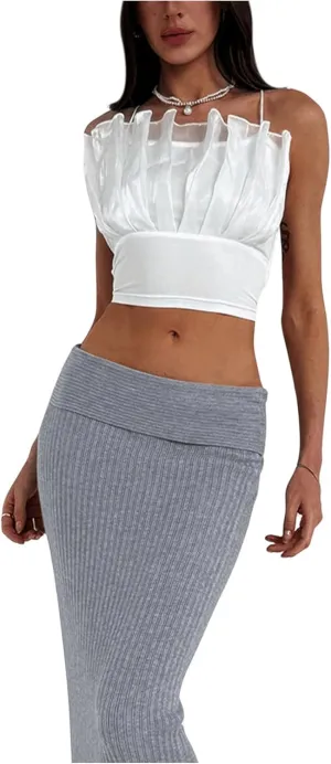 SweatyRocks Women's Lace Up Backless Cami Top Pleated Sleeveless Spaghetti Strap Crop Camisole