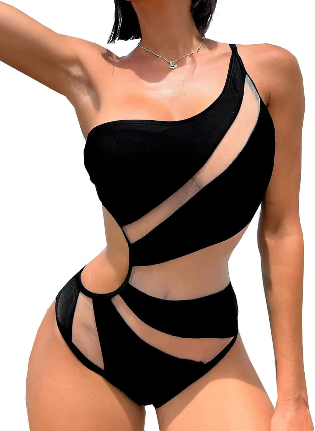 Swmmer Liket Women's Sexy One Piece Bathing Suits One Shoulder Swimsuits Mesh Swimwear Slimming Monokini