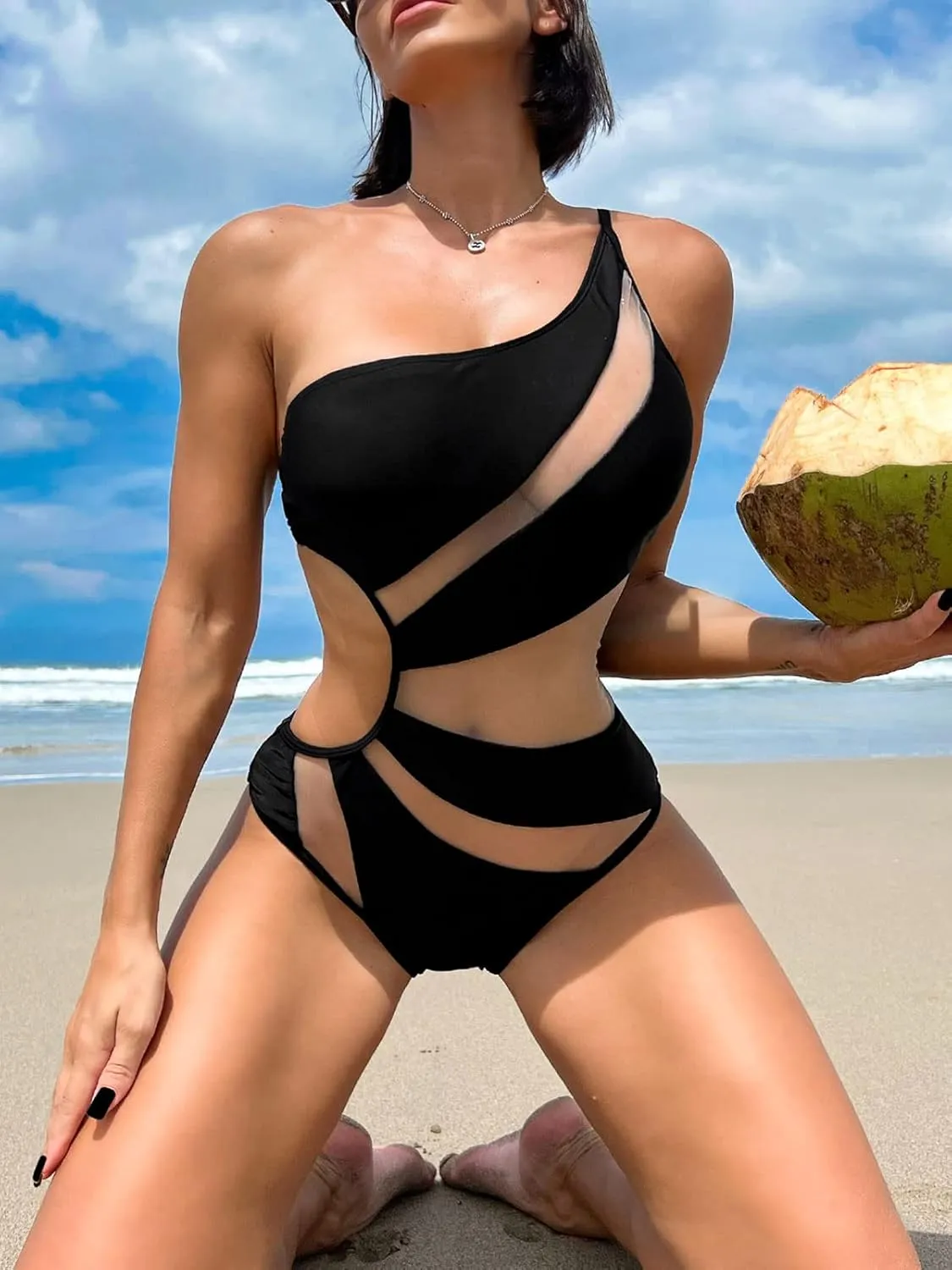 Swmmer Liket Women's Sexy One Piece Bathing Suits One Shoulder Swimsuits Mesh Swimwear Slimming Monokini