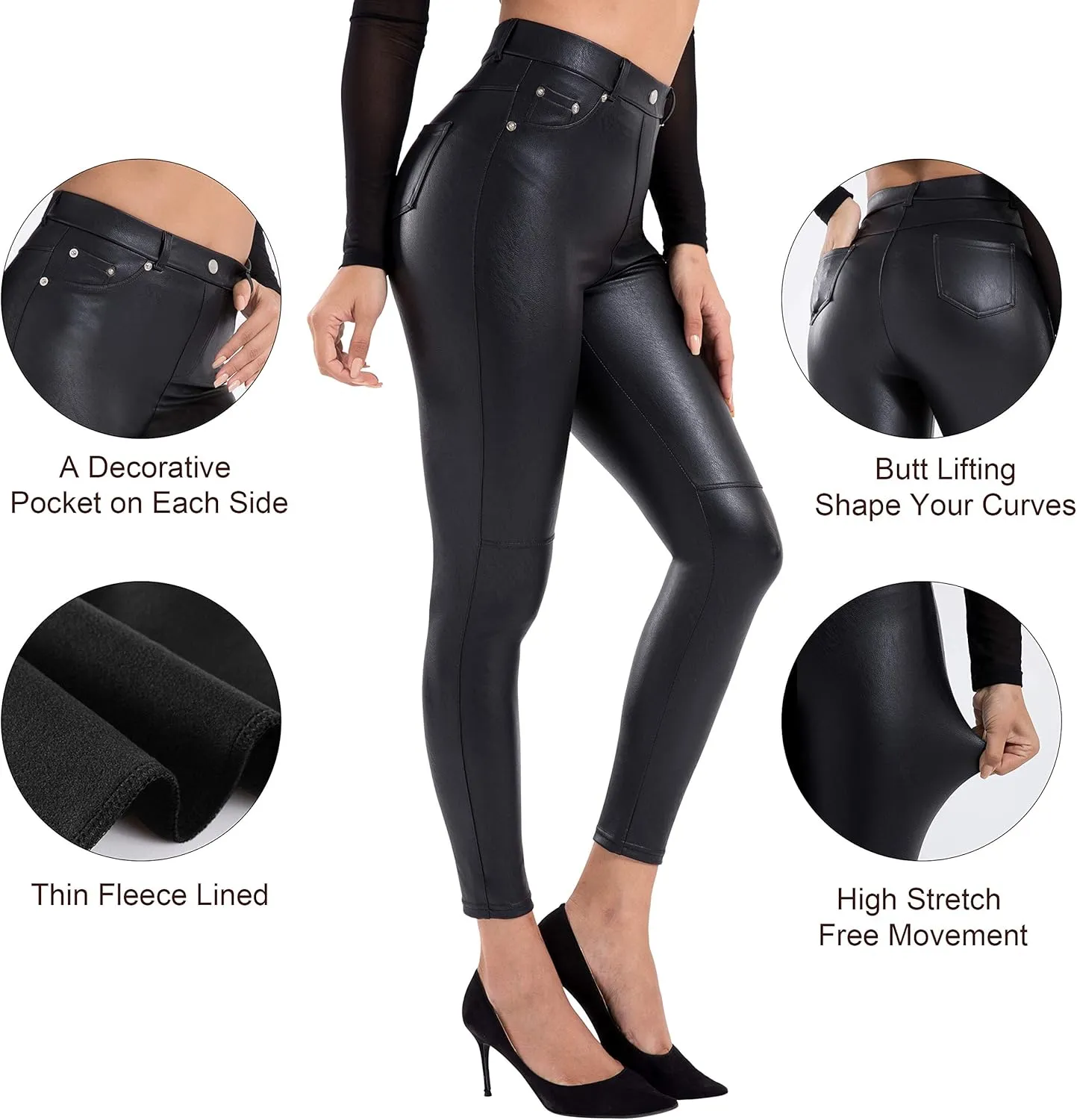 Tagoo Faux Leather Leggings for Women High Waisted Pleather Pants Stretch Tights with Pockets