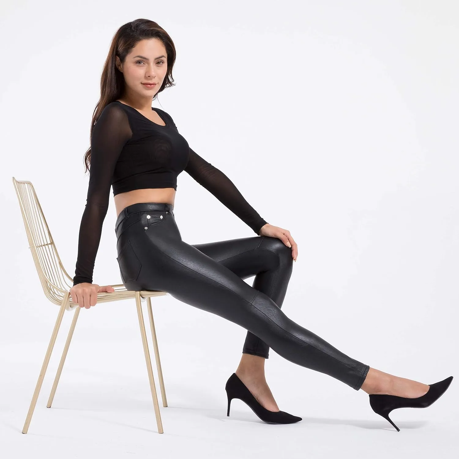 Tagoo Faux Leather Leggings for Women High Waisted Pleather Pants Stretch Tights with Pockets