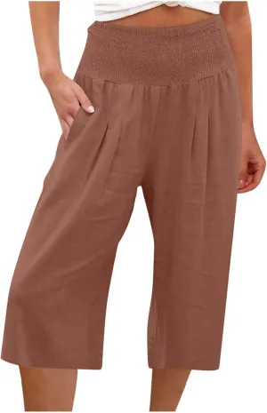 TANGNADE Cotton Linen Pants Women Plus Size Wide Leg Capri 2025 Vacation Summer Capris Lightweight Dressy Outfits