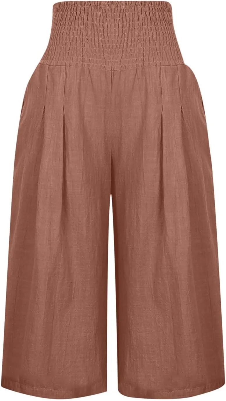 TANGNADE Cotton Linen Pants Women Plus Size Wide Leg Capri 2025 Vacation Summer Capris Lightweight Dressy Outfits