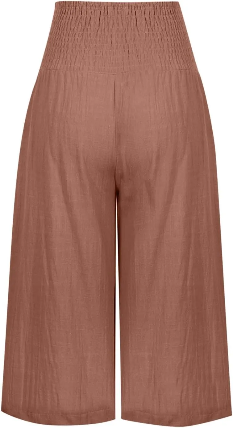 TANGNADE Cotton Linen Pants Women Plus Size Wide Leg Capri 2025 Vacation Summer Capris Lightweight Dressy Outfits