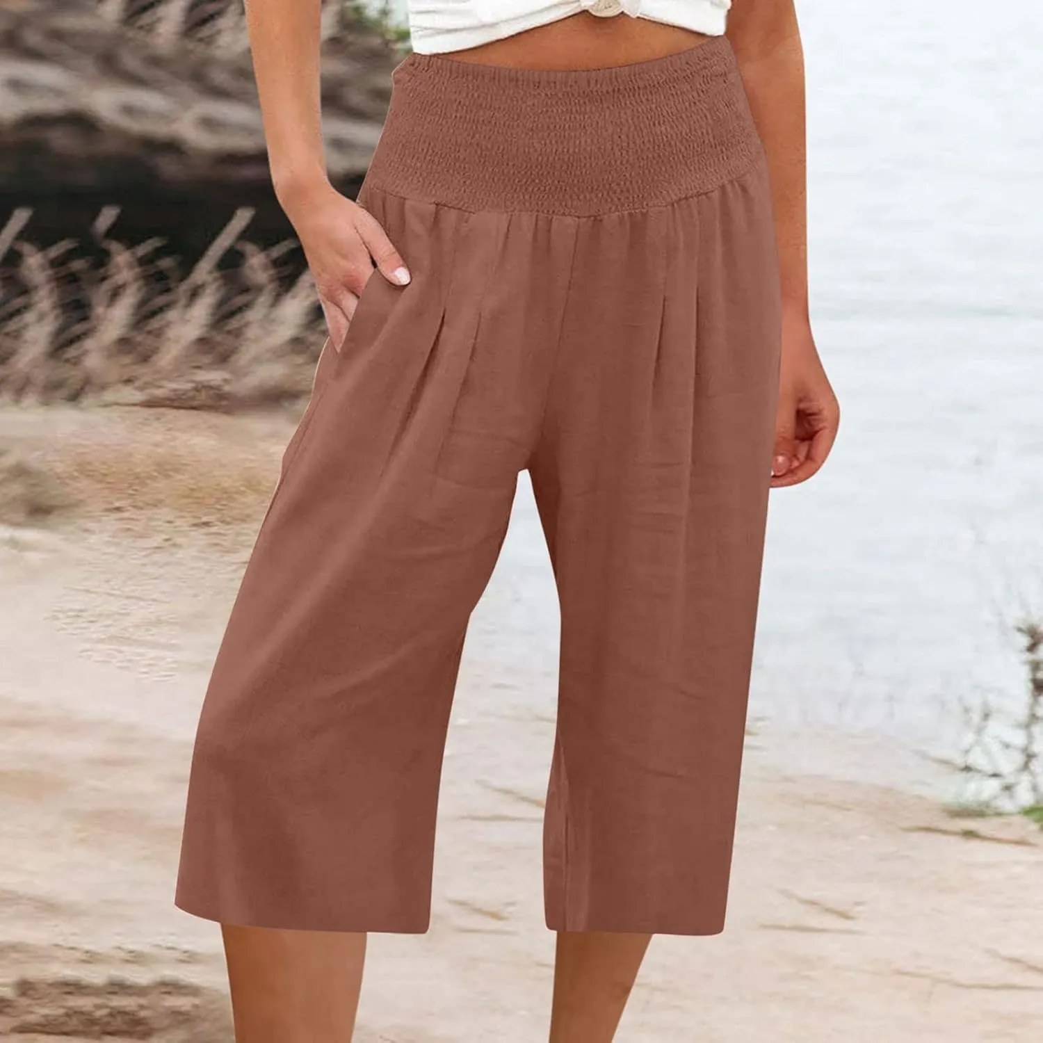 TANGNADE Cotton Linen Pants Women Plus Size Wide Leg Capri 2025 Vacation Summer Capris Lightweight Dressy Outfits