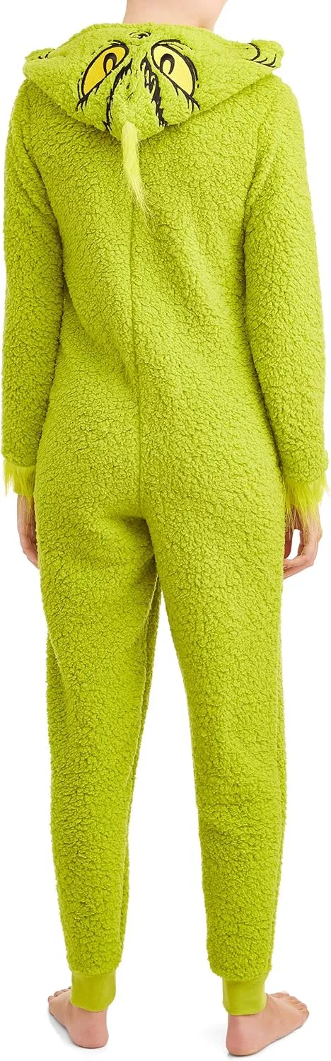 The Grinch Women's Fuzzy Plush Warm Holiday Hooded Union Suit Pajamas