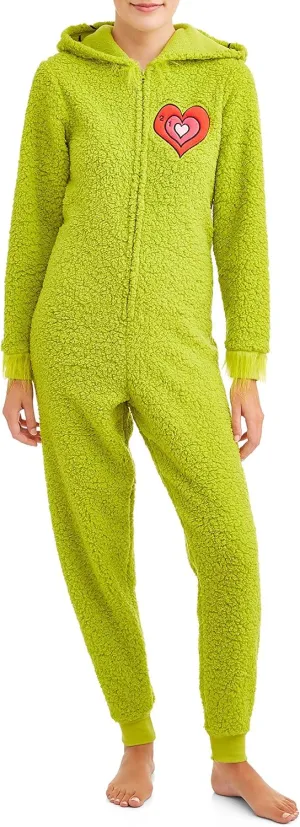 The Grinch Women's Fuzzy Plush Warm Holiday Hooded Union Suit Pajamas