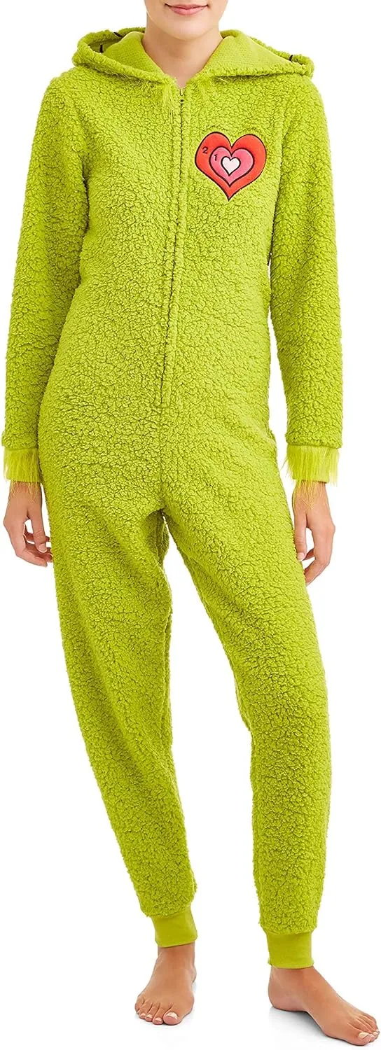 The Grinch Women's Fuzzy Plush Warm Holiday Hooded Union Suit Pajamas