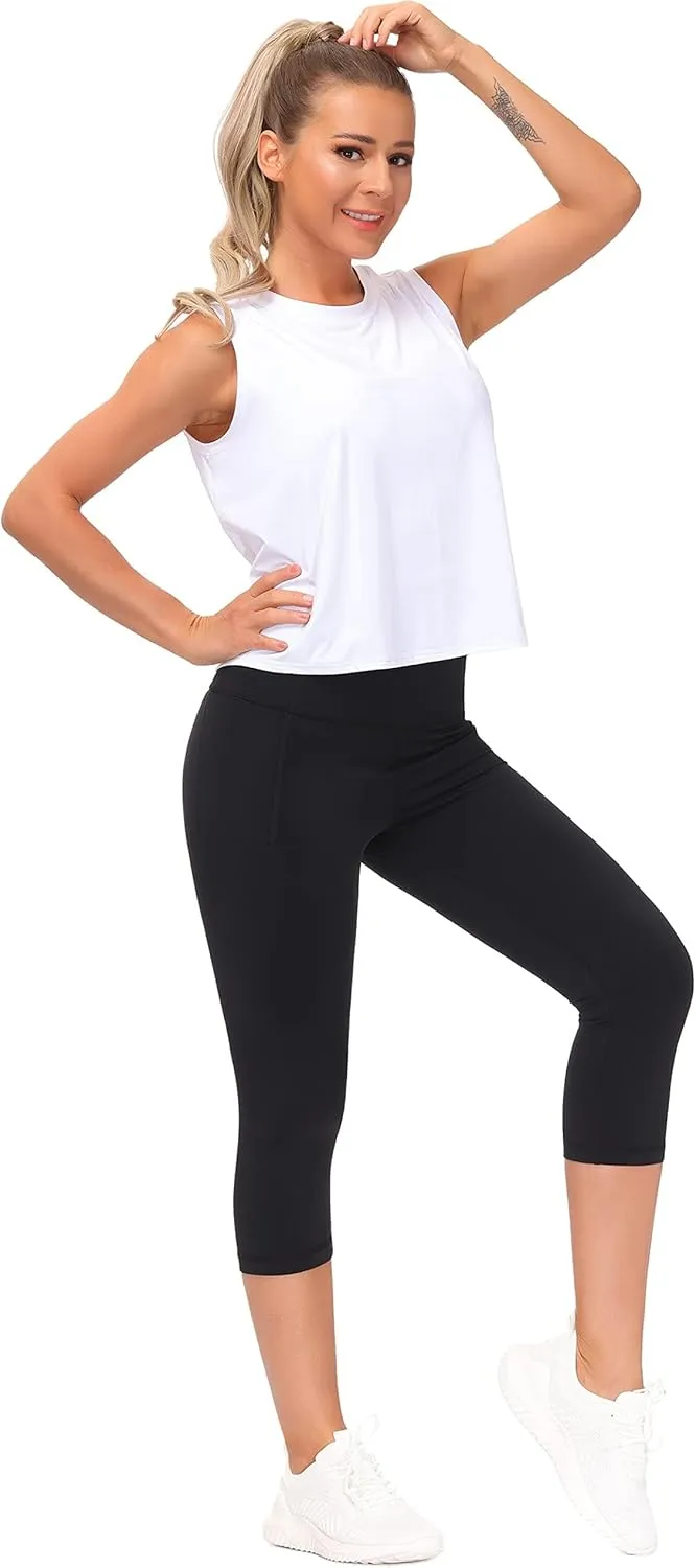 THE GYM PEOPLE Tummy Control Workout Capris Leggings with Pockets High Waist Athletic Yoga Pants for Women Running Hiking
