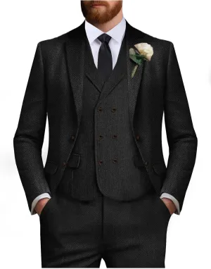 Tweed Suit for Men Wool Suits Retro Mens 3 Piece Slim Fit Blazer Jacket Vest Pants Tie Tuxedo Set for Groomsmen Prom