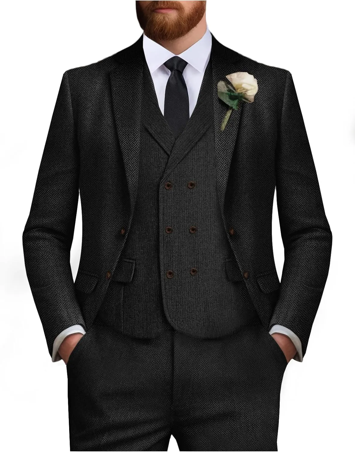 Tweed Suit for Men Wool Suits Retro Mens 3 Piece Slim Fit Blazer Jacket Vest Pants Tie Tuxedo Set for Groomsmen Prom