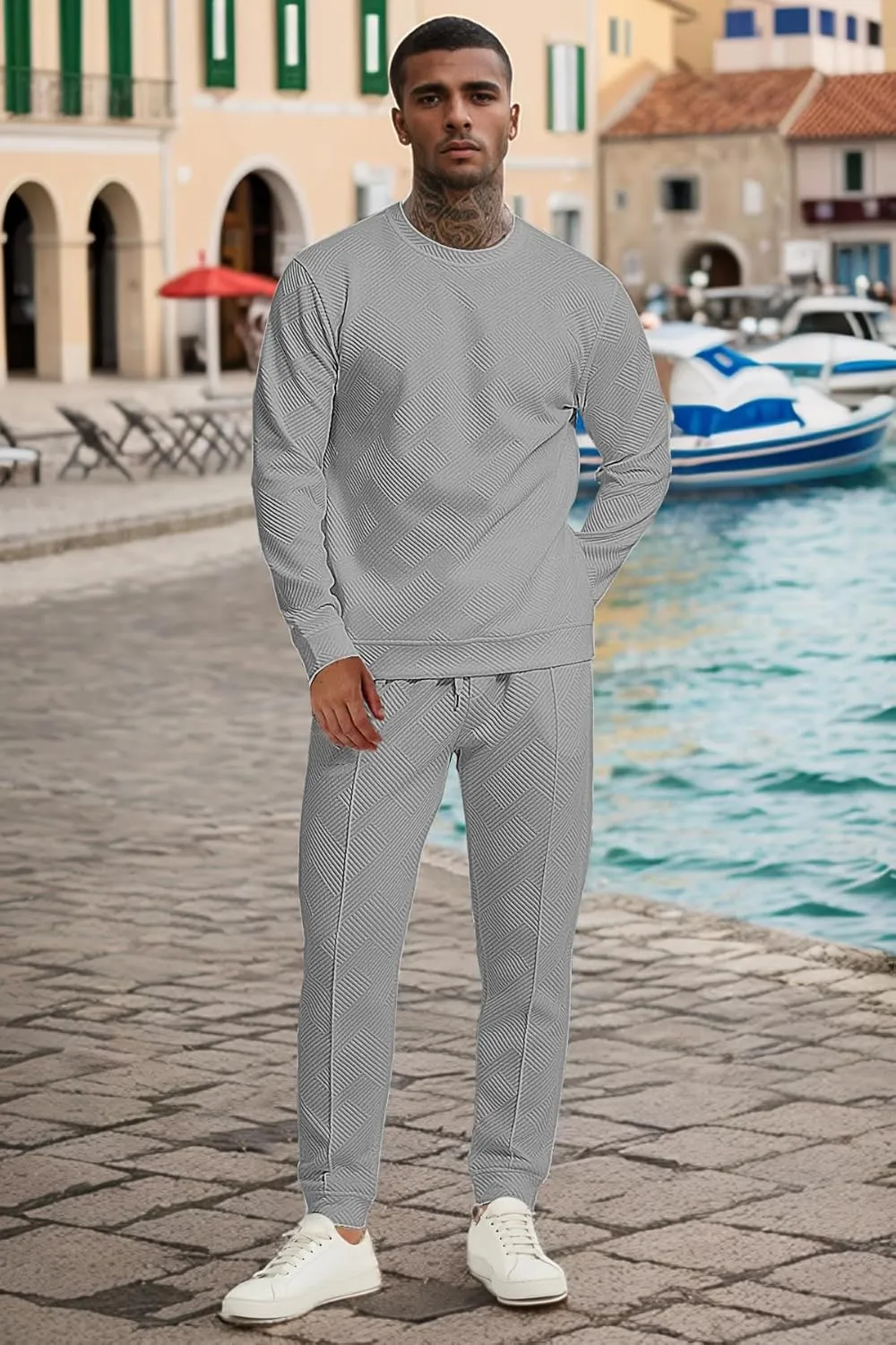 UOUA Men's 2 Piece Sweat Suits Set Long Sleeve Sweatshirt Jogging Sweatpants Tracksuits Outfits