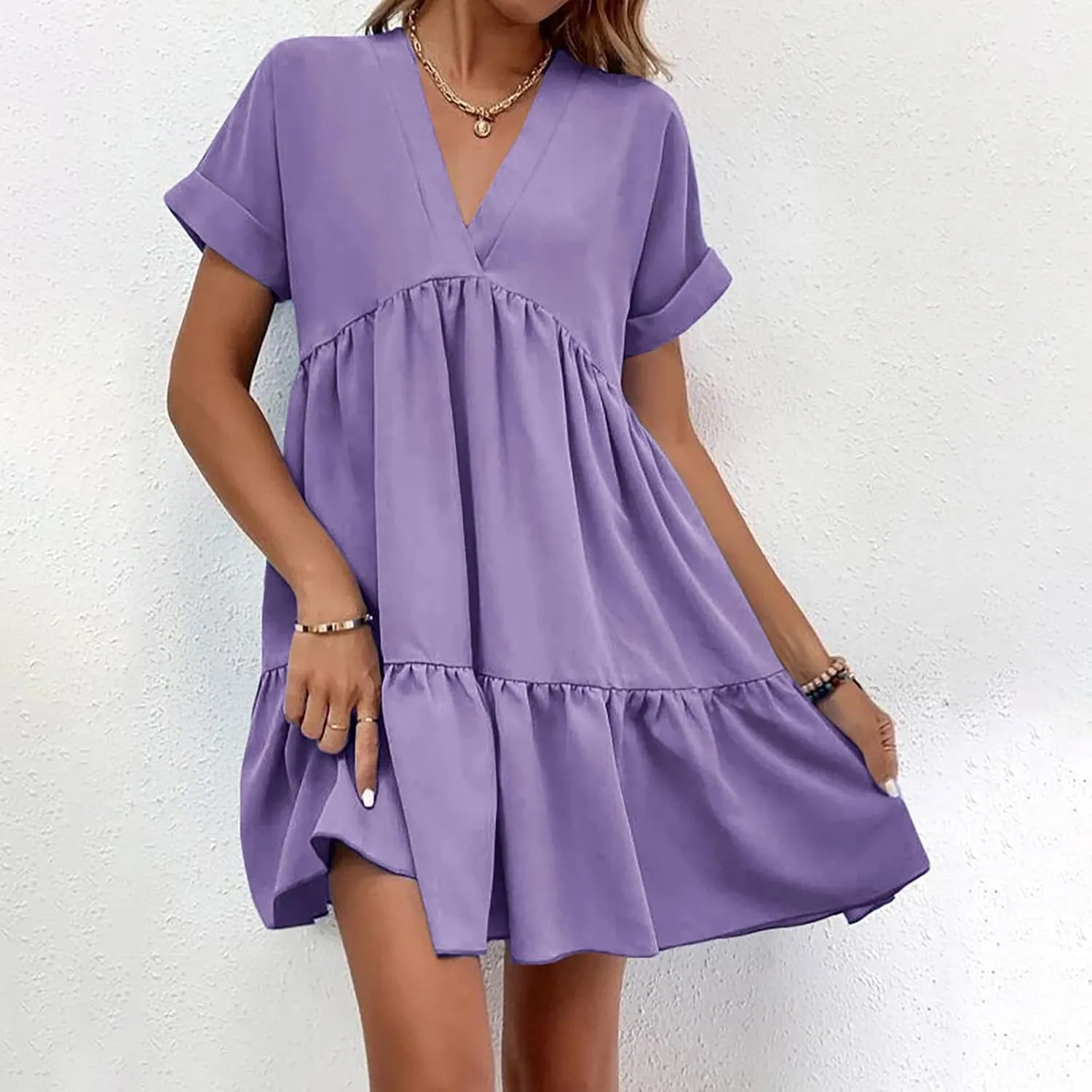 Vacation Dresses for Women 2024 Tie V Neck Solid Color Ruched Ruffle Cap Sleeve Mini Dress Short Vacation Dresses