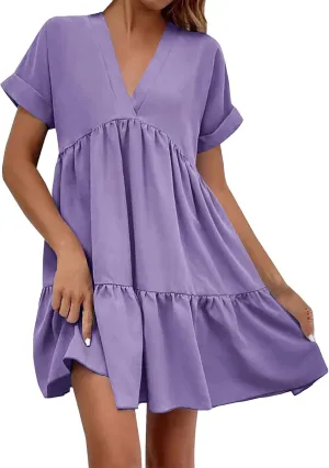 Vacation Dresses for Women 2024 Tie V Neck Solid Color Ruched Ruffle Cap Sleeve Mini Dress Short Vacation Dresses