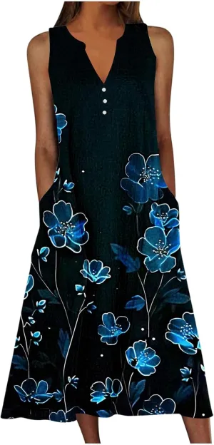 Vacation Dresses for Women 2025 Sleeveless Boho Floral Sundress V-Neck Summer Beach Flowy Dress with Pockets