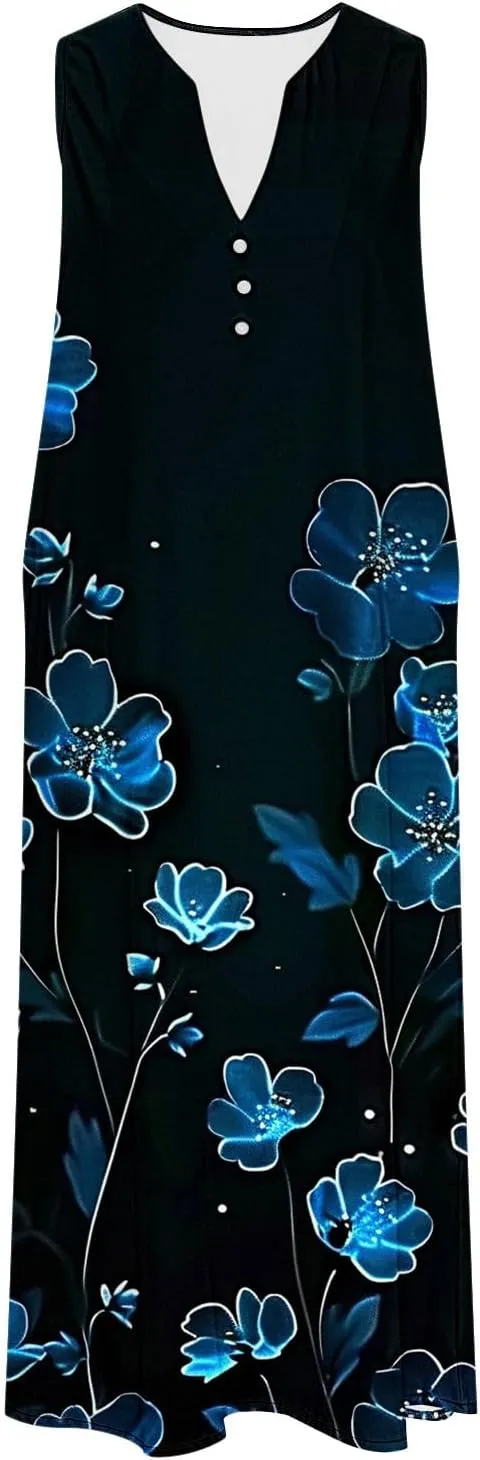 Vacation Dresses for Women 2025 Sleeveless Boho Floral Sundress V-Neck Summer Beach Flowy Dress with Pockets