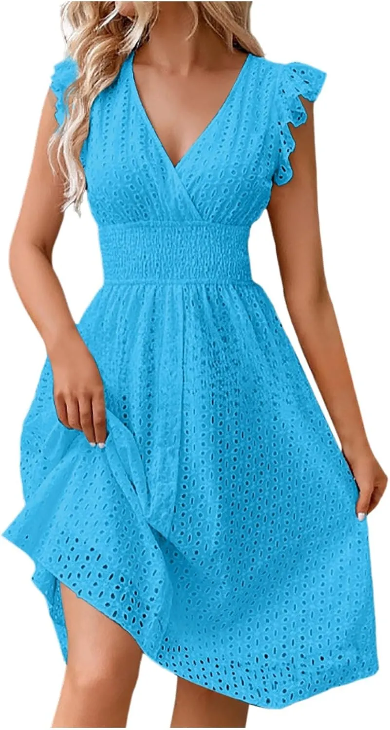 Vacation Dresses for Women 2025 Summer Trendy Eyelet Ruffle Sleeve V Neck Midi Dress Flowy A Line Beach Sundress