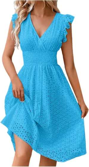 Vacation Dresses for Women 2025 Summer Trendy Eyelet Ruffle Sleeve V Neck Midi Dress Flowy A Line Beach Sundress