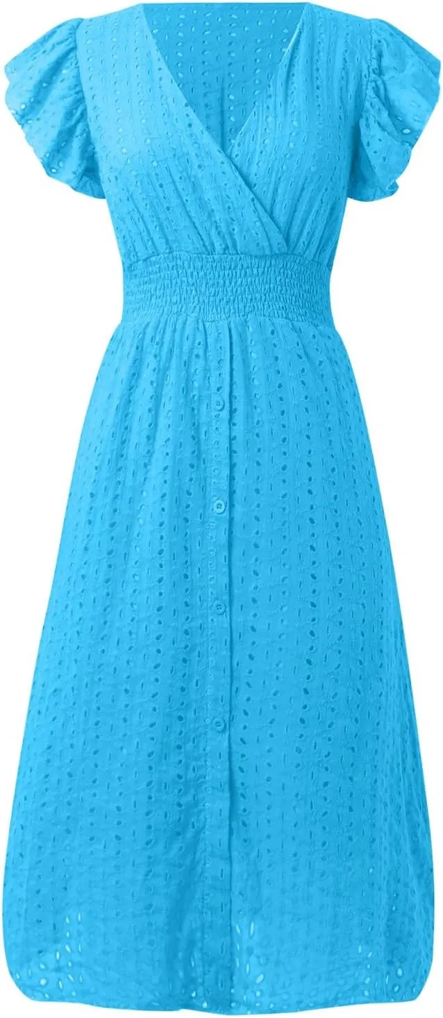 Vacation Dresses for Women 2025 Summer Trendy Eyelet Ruffle Sleeve V Neck Midi Dress Flowy A Line Beach Sundress