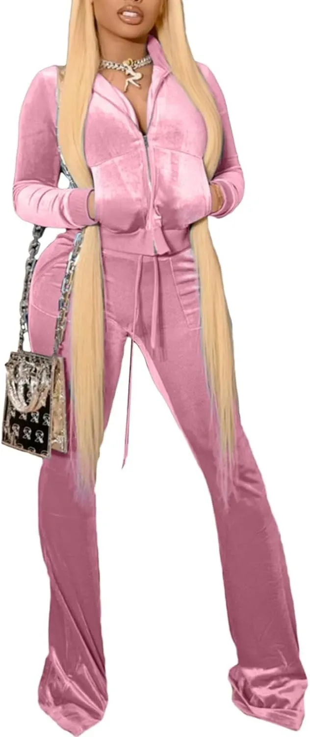 Velour Tracksuit Womens 2 Piece Outfits Zip Up Cropped Jacket Top and Flare Pants Sweatsuits