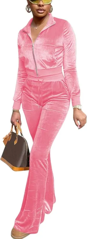 Velour Tracksuit Womens 2 Piece Outfits Zip Up Cropped Jacket Top and Flare Pants Sweatsuits