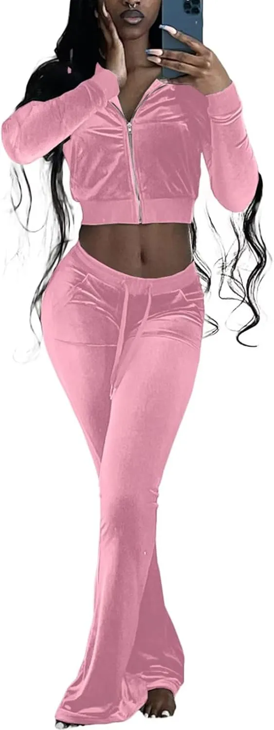 Velour Tracksuit Womens 2 Piece Outfits Zip Up Cropped Jacket Top and Flare Pants Sweatsuits