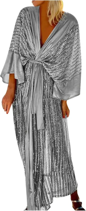 Vintage Sequin Kimono Robe Women Batwing Sleeves Belted Open Front Cardigan Dress Wedding Bridesmaid Long Bath Robe