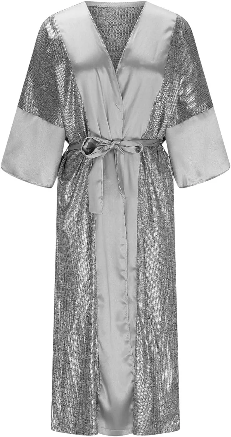 Vintage Sequin Kimono Robe Women Batwing Sleeves Belted Open Front Cardigan Dress Wedding Bridesmaid Long Bath Robe