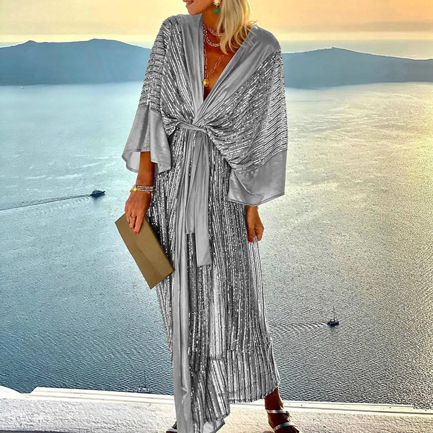 Vintage Sequin Kimono Robe Women Batwing Sleeves Belted Open Front Cardigan Dress Wedding Bridesmaid Long Bath Robe