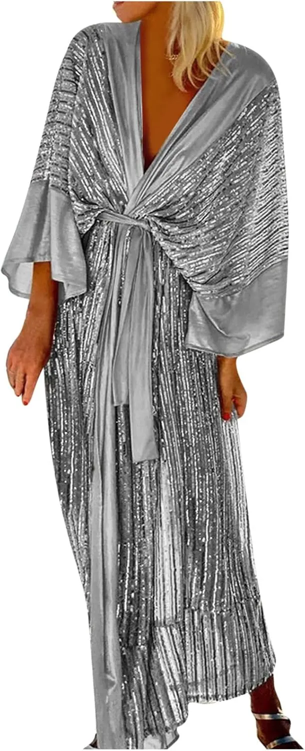 Vintage Sequin Kimono Robe Women Batwing Sleeves Belted Open Front Cardigan Dress Wedding Bridesmaid Long Bath Robe