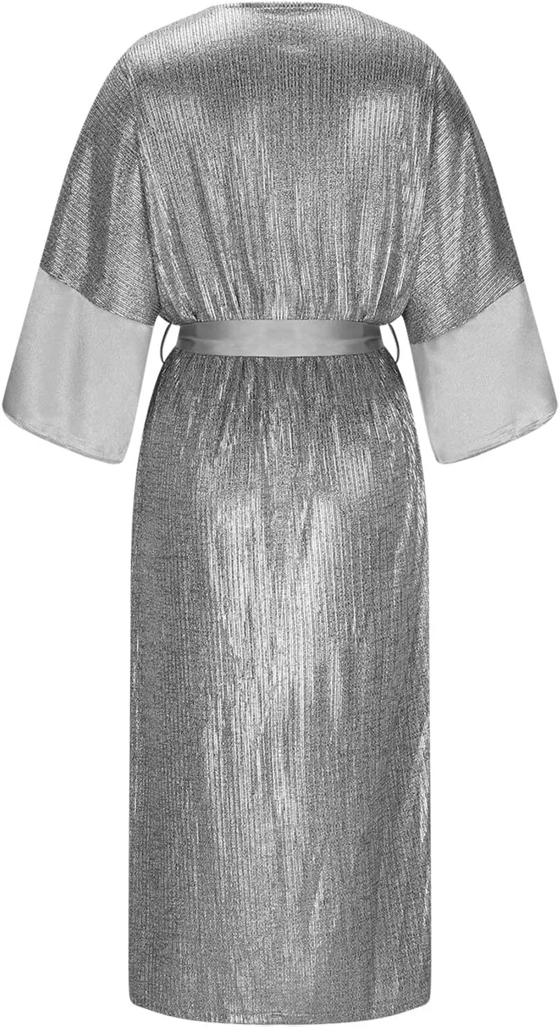Vintage Sequin Kimono Robe Women Batwing Sleeves Belted Open Front Cardigan Dress Wedding Bridesmaid Long Bath Robe