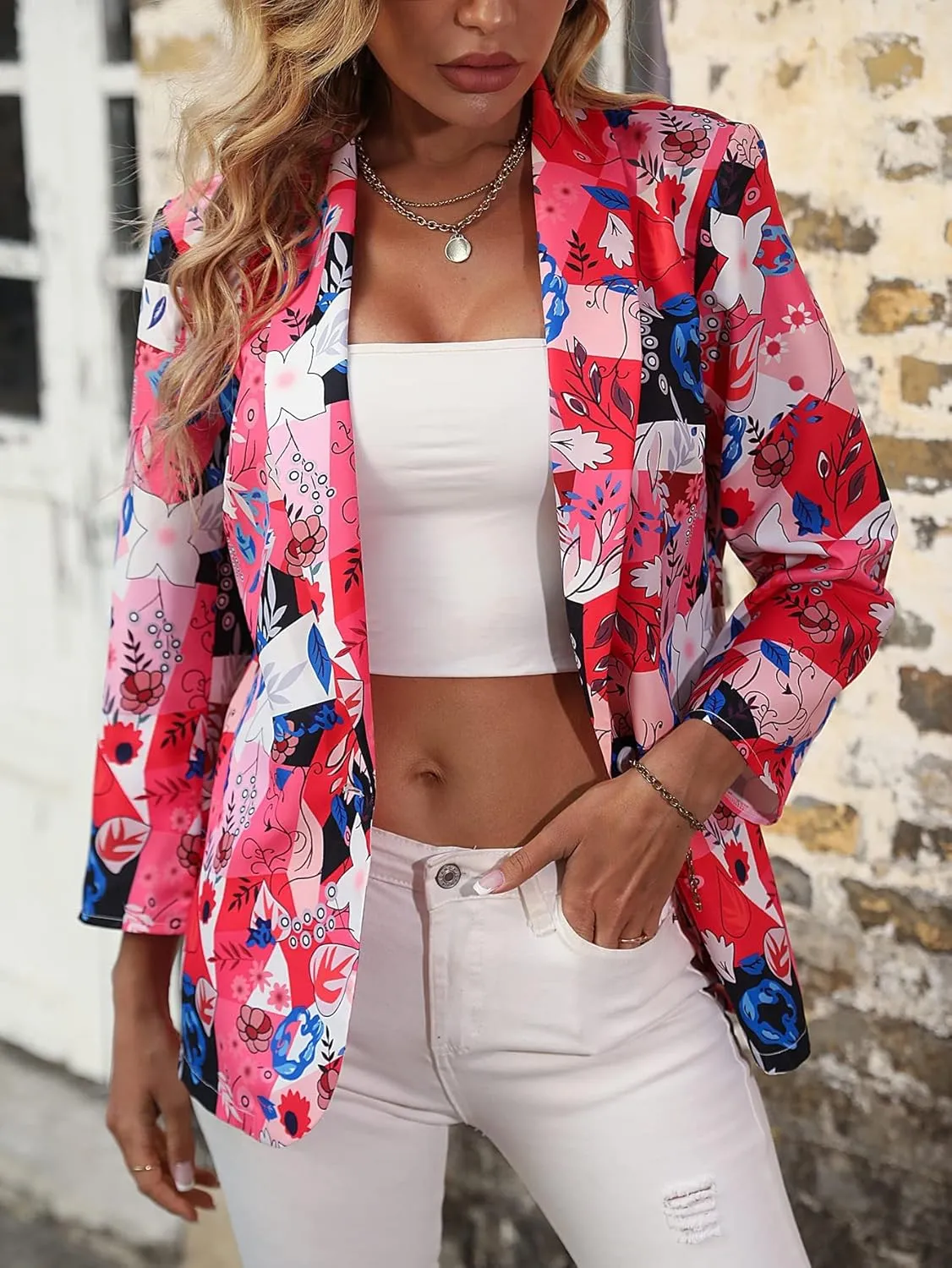 WDIRARA Women's Floral 3/4 Sleeve Dressy One Button Front Work Casual Blazer Jacket