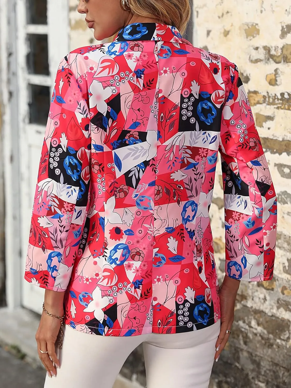 WDIRARA Women's Floral 3/4 Sleeve Dressy One Button Front Work Casual Blazer Jacket