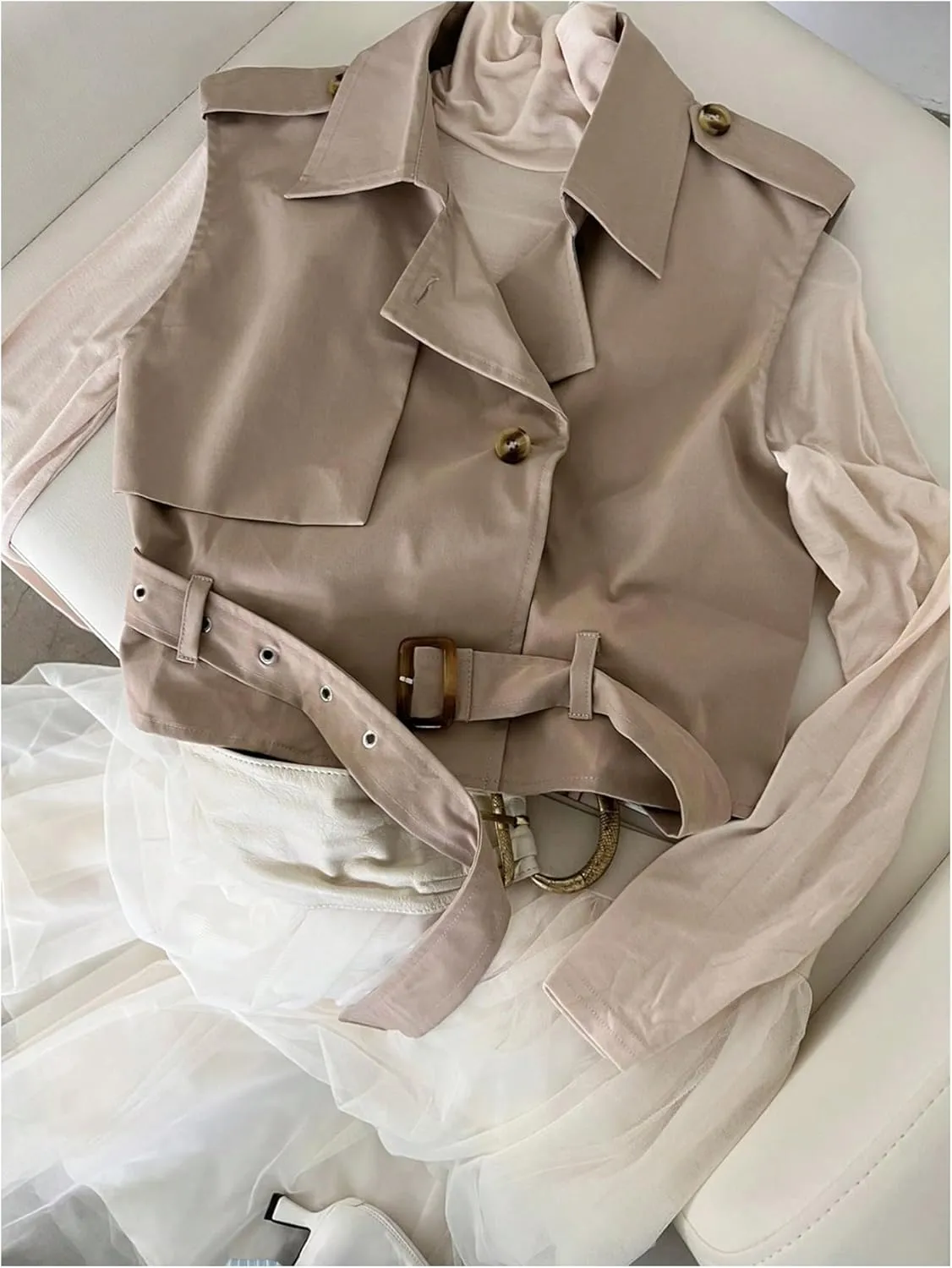 WDIRARA Women's Lapel Collar Sleeveless Belted Cropped Trench Coat Sleeveless Vest Coat